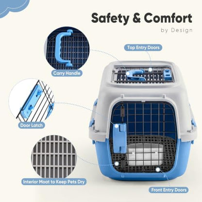 DUMOS 23" Hard-Sided Pet Carrier for Small Pets, 2 Door Cat Carrier - Blue