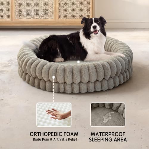BALANCE Luxury Donut Dog Bed, 36 Inches Round Dog Beds Large Sized Dogs Washable, Orthopedic Calming Dogs Bed for Pets with Anti-Slip Bottom, Oatmeal