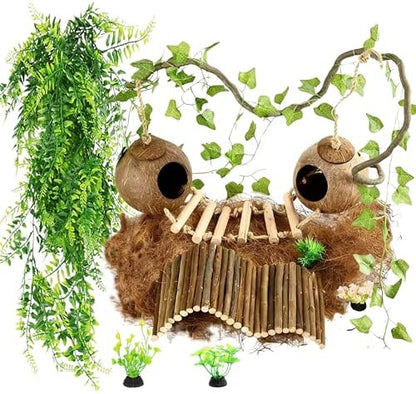 10PCS Crested Gecko Tank Accessories Set – Natural Double Coconut Shell with Ladder, Plants and Bridge Vines for Reptile Terrarium, Leopard Gecko, Lizard, Hermit Crab or Snake Habitat Decor