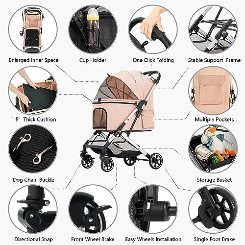 Medium Dog Stroller, Kenyone Pet Stroller for Medium Dogs Up to 55lbs, Lightweight Aluminum Frame, One Click Folding, Large Cat Stroller with No Zip Entry, Detachable Mesh, Multiple Pockets