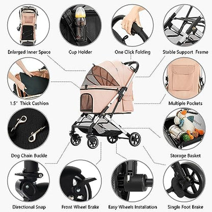 Medium Dog Stroller, Kenyone Pet Stroller for Medium Dogs Up to 55lbs, Lightweight Aluminum Frame, One Click Folding, Large Cat Stroller with No Zip Entry, Detachable Mesh, Multiple Pockets