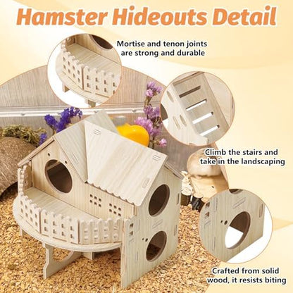 BNOSDM Wooden Hamster Hideout House Gerbil Toy with Balcony & Seesaw
