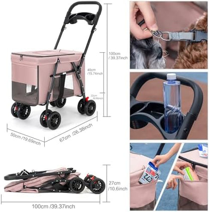 Pet Stroller Cat Dog Stroller Travel Folding Pet Carriers（Pink）