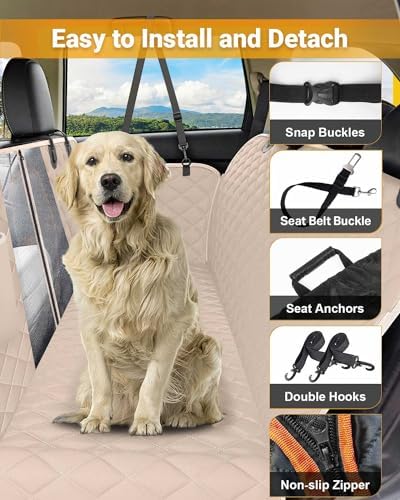 Dog Car Seat Cover, 600D Heavy Dute Car Seat Cover for Dogs Pets, 100% Waterproof Anti-Scratch Nonslip Dog Hammock for Cars, Seat Covers Protector with SeatBelt for Sedan SUV Truck Standard Khaki