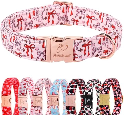 Pink Dog Collar for Female Small Dogs - Cute Bow Pattern Girl Dog Collar for Spring Summer, Adjustable Heavy Duty Pet Valentines Collars with Metal Buckle S