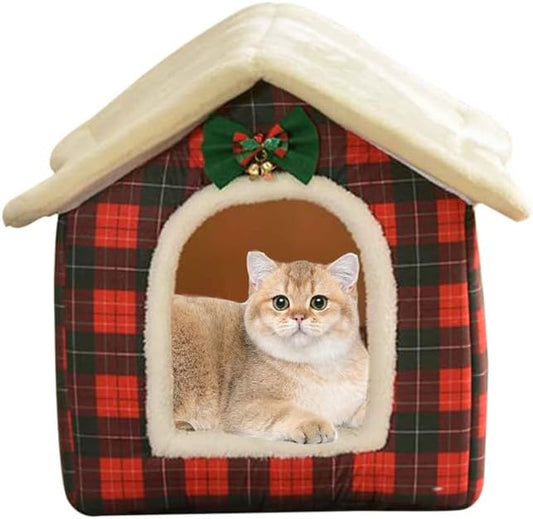 Christmas Cat Bed for Indoor Cats Plaid Xmas Cat Tent Cats Bed Cave for Pets Kittens and Dogs (Christmas Plaid, S(15.7 X 12.6 X 13.8 Inch))