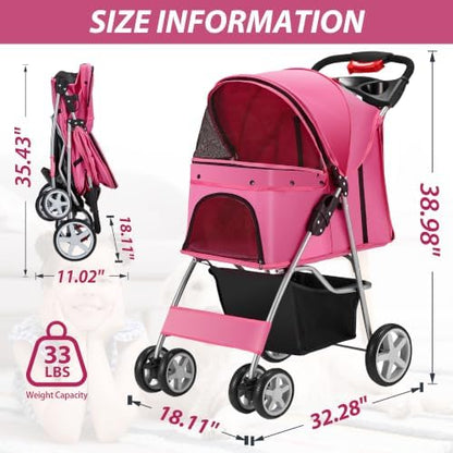 Unisakey Foldable 4-Wheel Pet Stroller for Dogs Cats 10-33lbs, Pink