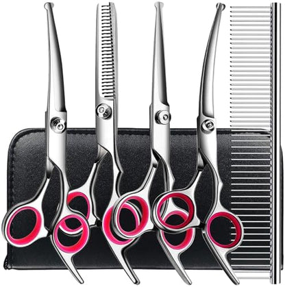 TINMARDA Dog Grooming Kit, Professional Stainless Steel Dog Grooming Scissors with Curved Shears, Pink Finger Rings - 5 Piece Sharp Durable Pet Shears for Dogs Cats At Home Salon-Quality Grooming