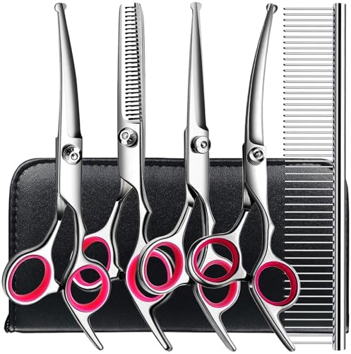TINMARDA Dog Grooming Kit, Professional Stainless Steel Dog Grooming Scissors with Curved Shears, Pink Finger Rings - 5 Piece Sharp Durable Pet Shears for Dogs Cats At Home Salon-Quality Grooming