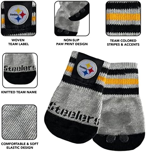 NFL Pittsburgh Steelers Anti Slip Dog Socks with Elastic Ribbed Top, Size X-Small/Small. Indoor/Outdoor Socks, Best Dog Paw Protector, 2 Pairs, Cool Puppy Supplies with NFL Logo of Steelers Team