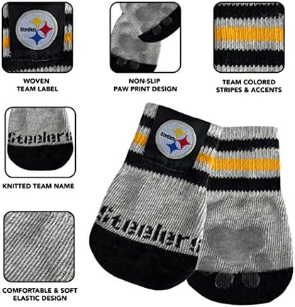 NFL Pittsburgh Steelers Anti Slip Dog Socks with Elastic Ribbed Top, Size X-Small/Small. Indoor/Outdoor Socks, Best Dog Paw Protector, 2 Pairs, Cool Puppy Supplies with NFL Logo of Steelers Team