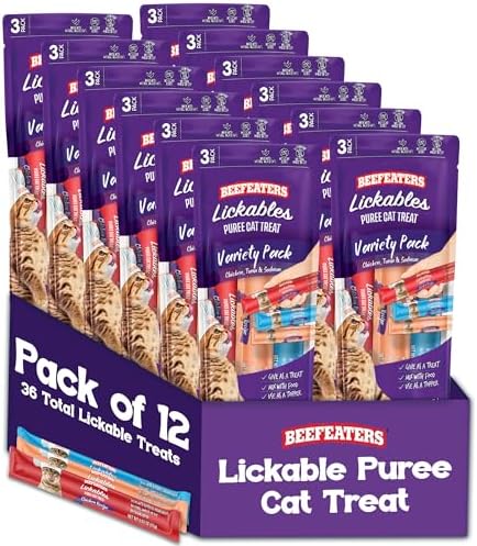 Beefeaters Variety Pack Pure Cat Treats 1.59oz (12 Pack) | Lickable Squeeze Tube Treats, Grain-Free, No Added Sugar, Taurine-Enriched, Ideal for Bonding, Seniors, Toppers & Everyday Treating