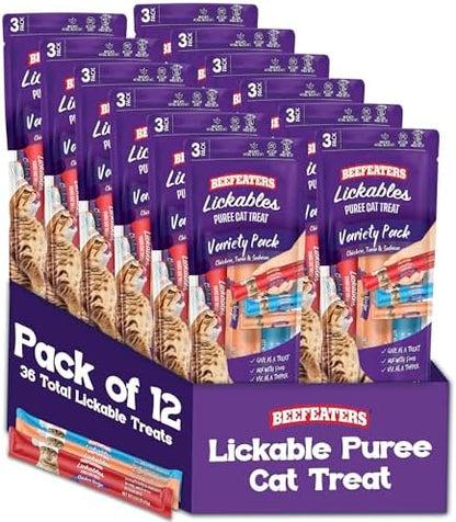 Beefeaters Variety Pack Pure Cat Treats 1.59oz (12 Pack) | Lickable Squeeze Tube Treats, Grain-Free, No Added Sugar, Taurine-Enriched, Ideal for Bonding, Seniors, Toppers & Everyday Treating