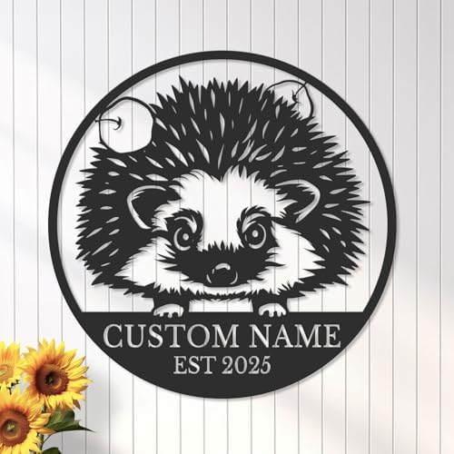 Custom Hedgehog Metal Sign, Personalized Name Wall Art, Unique Home Decor Gift, Garden Memorial Marker, Housewarming Present for Hedgehog Lovers (Style-4)
