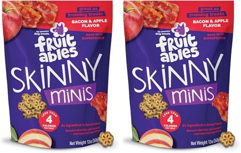 Fruitables Skinny Mini Dog Treats, Healthy Sweet Potato Treat for Dogs, Low Calorie & Delicious, Puppy Training, No Wheat, Corn or Soy, Made in the USA, Bacon and Apple Flavor, 12oz (Pack of 2)