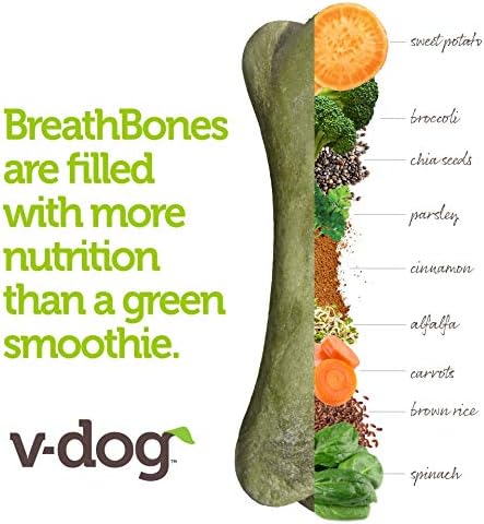 V-dog Dog Treats - Vegan Breathbone Teeth Cleaning Dental Dog Bones - Fresh Breath - 8 Ounces - All Natural - Made in USA - 6 Bones - 4" Long - Easy to Digest
