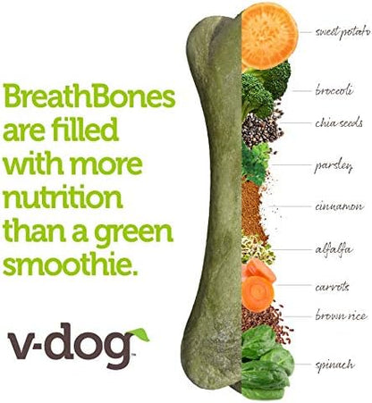 V-dog Dog Treats - Vegan Breathbone Teeth Cleaning Dental Dog Bones - Fresh Breath - 8 Ounces - All Natural - Made in USA - 6 Bones - 4" Long - Easy to Digest