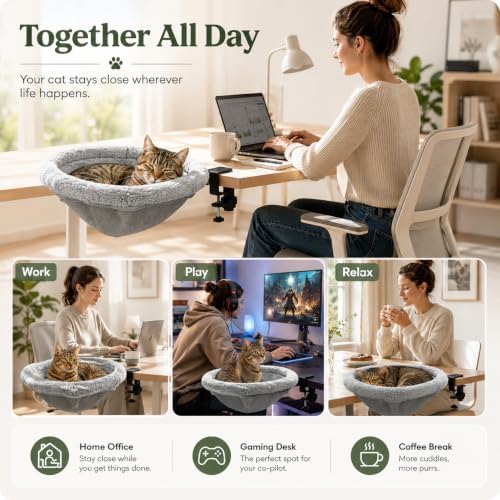 X-Large Cat Desk Bed with Sunken Hammock Design, Soft Faux Rabbit Fur Cover, Removable & Washable, Holds Up to 40lbs – Cozy Desktop Retreat for Cats
