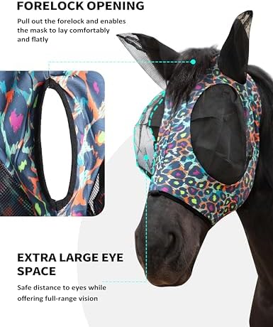 Harrison Howard Stretch Fly Mask with Forelock Opening and Patterns Comfortable Breathable Snug Fitting Horse Fly Mask Leopard L