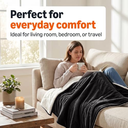 Amazon Basics Reversible Sherpa Throw Blanket, Warm, 50"x60", Black