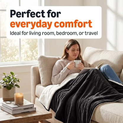 Amazon Basics Reversible Sherpa Throw Blanket, Warm, 50"x60", Black