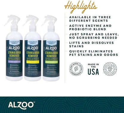 ALZOO Pet Stain & Odor Remover Spray for Dog & Cat Urine, Carpet, Furniture & Floors | Active Enzyme & Probiotic Formula | Lavender Vanilla Scent | Made in USA | 16 oz