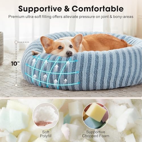 MIXJOY Dog Bed Medium Size Dogs, Washable Medium Dogs Bed with Removable Cover, Cozy Donut Dog Ded Fluffy Plush Faux Fur Pet Bed with Anti-Slip Bottom, 30"x30"x8", Blue