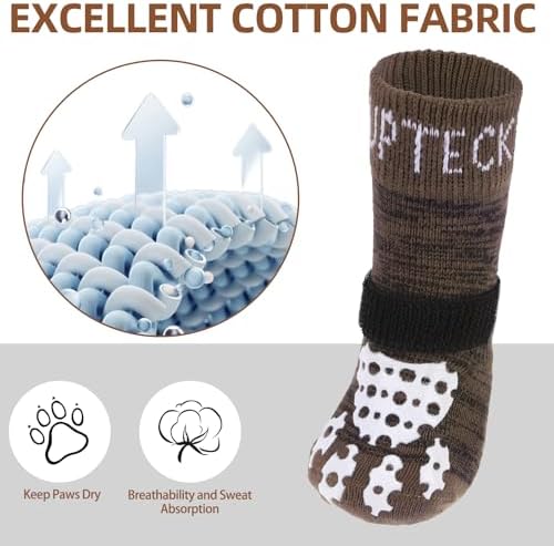 PUPTECK Anti-Slip Dog Socks with Double Sides Grips for Small Medium Large Dogs Hardwood Floors Prevents Licking, Dog Shoes for Hot Pavement Traction Control for Senior Dogs, Coffee Brown XL