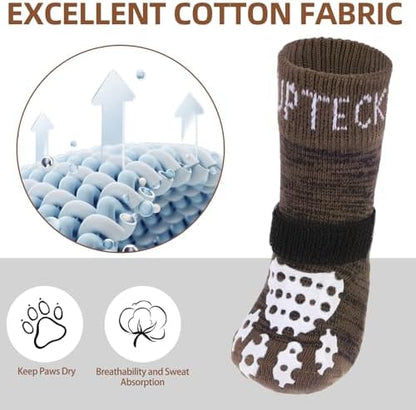 PUPTECK Anti-Slip Dog Socks with Double Sides Grips for Small Medium Large Dogs Hardwood Floors Prevents Licking, Dog Shoes for Hot Pavement Traction Control for Senior Dogs, Coffee Brown XL