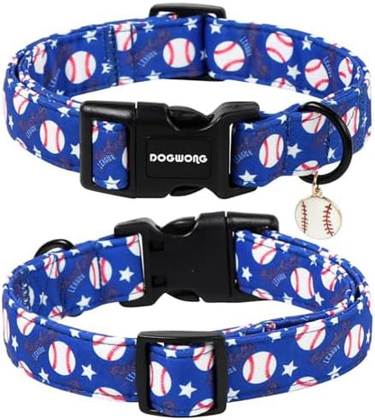 DOGWONG Baseball Dog Collar, Spring Summer Boy Dog Collar,Blue Patriotic Blue Baseball Boy Dogs Collars for Small Medium Dogs, Neck 14-21 inches