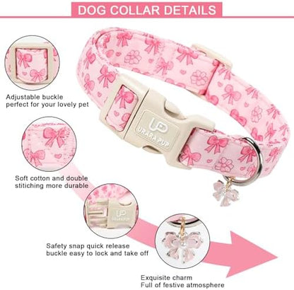 Pink Bow Dog Collar, Summer Cotton Adjustable Pink Bow and Flower Pattern Collar with Cute Pendant, Soft Comfortable Puppy Collar for Small Medium Large Dogs Girls