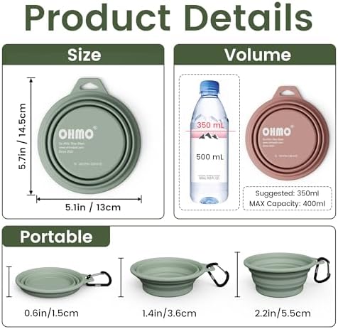 OHMO Small Collapsible Dog Bowls, Steel Rim, 12oz, 2pcs, Coral&Sage Green