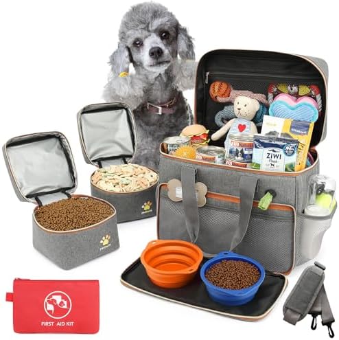 Dog Travel Bag for Traveling| Week Away/Overnight Dog Travel Accessories with Multi-Function Pockets| Travel Set for Dogs and Cats|Ideal Pet Diaper Bag and Pet Gift Kit(Grey)
