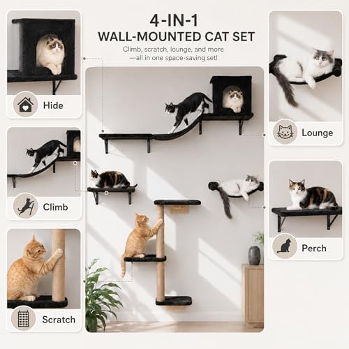 Wall Mounted Cat Furniture Set of 4 – 4 in 1 Cat Wall Shelves with Hammock, Bridge, Climbing Tree & Perch – Shelves for Large Cats, Holds Up to 30 lbs, Indoor Playground