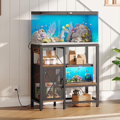 MAHANCRIS 20-37 Gallon Fish Tank Stand, Aquarium Stand with Power Outlet and Storage Cabinet, Heavy Duty Tank Stand Suitable for Turtle Tank, Reptile Terrarium, for Home Office, Rustic Brown FTHR40E01