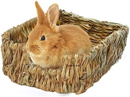 SunGrow Portable Grass Bed for Rabbits, Handmade and Washable Basket, Chew Toy, Easy to Dry, Sleeping, Chewing, Nesting Pad, Small Animal Bunny Bedding