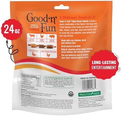 Good'n'Fun Triple Flavored Rawhide Kabobs for Dogs 36 Count (Pack of 12)
