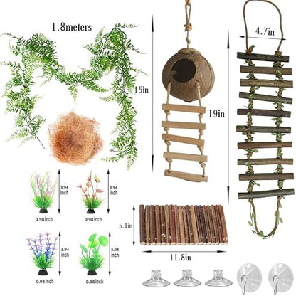 Crested Gecko Tank Accessories, Reptile Bridge and Plants with Coconut Shell Ladder Hideout, Natural Terrarium Decor for Lizard, Chameleon, Leopard Gecko, Snake, Hermit Crab and Tortoise (Group B)