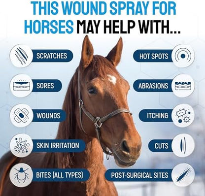 Horse Wound Care Spray with Silver – for Insect & Fly Bites, Hot Spots, Scratches & Itchy Skin – Supports Quick Healing of Cuts, Abrasions & Rain Rot Treatment for Horses – Equine Healing Aid – 4 Oz