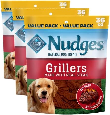 Blue Buffalo Nudges Grillers Natural Dog Treats with Real USA Beef, Made in the USA, Steak, 36-oz Bag (Pack of 3)