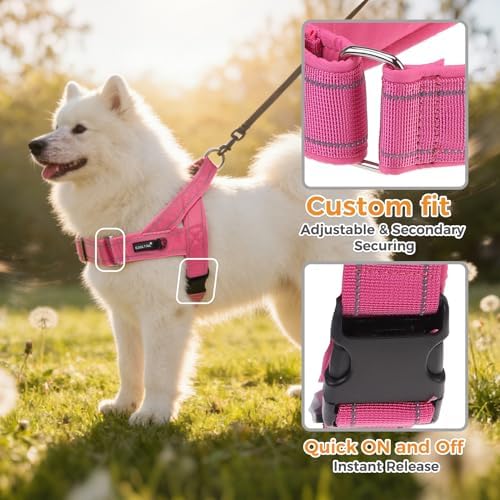 KOOLTAIL No Pull Harness Medium Size Dog with Handle, Easy Walk Puppy Vest Harness Neck & Chest Soft Paded Adjustable, Reflective & Lightweight Escape Proof Breathable Mesh Pet Running Harness, Pink M