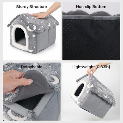 PAWISE Glow in the Dark Cat Bed, Foldable Cat Cave House Tent for Indoor Cats with Stars Moon Print, Soft Warm Washable Kitty Hideaway Nest, Cozy Pet Hut (15.7"x14.5"x13.5")