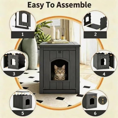 NUNU LAB Hidden Cat Litter Box Enclosure Furniture, Weatherproof Litter Box Side Table with Openable Front Door, Odor-Free & Easy Clean Cat House Cabinet for Indoor Bedroom & Outdoor Patio, Black