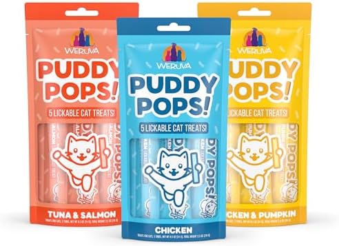 Bundle of Weruva Puddy Pops Lickable Cat Treats in 3 flavors, Chicken, Tuna & Salmon, and Chicken & Pumpkin
