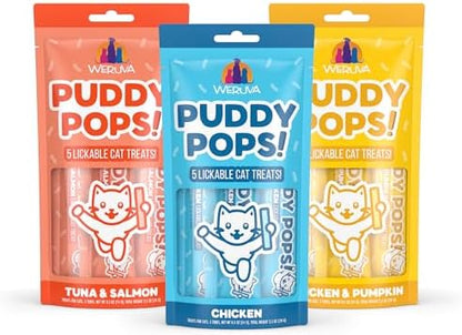 Bundle of Weruva Puddy Pops Lickable Cat Treats in 3 flavors, Chicken, Tuna & Salmon, and Chicken & Pumpkin