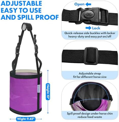 Horse Feed Bag Pack of 2 (Reinforced Bottom Edging), Feed Bags for Horses with Ventilation Mesh, Comfort Nose Pad Neck Pad, Adjustable Strap, Spill Proof Design for Feeding Grain, Supplements