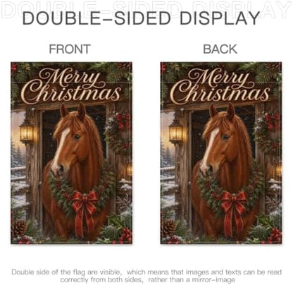 Merry Christmas Garden Flag 12x18 Inch Chestnut Horse Pine Wreath Red Bow Snowy Stable Lantern Rustic Winter Outdoor Yard Lawn Front Porch Welcome Double Sided Banner Decor