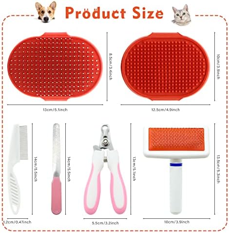 Cat Grooming Kit Set with Pet Shedding Slicker Brush Nail Clipper Trimmer Pet Massage Bath Glove Flea Comb for Bunny Puppy Kitten Guinea Pig Chinchilla Ferret Small Animals (Red, Pink)