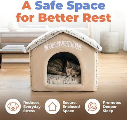 Best Pet Supplies Cat Bed for Indoor Cat, Domed Tent House with Removable Pillow, Covered Cat Cave for Small Dog, Puppies and All Breeds of Cats - Light Brown w/ Bones, 16 x 16 x H:14"