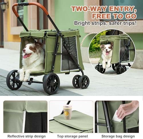 Medium Dog Stroller, Dual Entry One-Touch Folding,Small and Medium Pet Stroller,360° Rotating Front Wheels,80 lbs Weight Capacity for Outdoor Travel and Elderly Dogs - Green